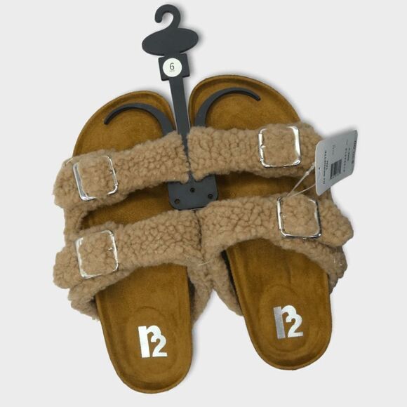 R2 Bernette Tan Sherpa Faux Fur Slip On Slide Sandals Size 6M - Picture 1 of 12